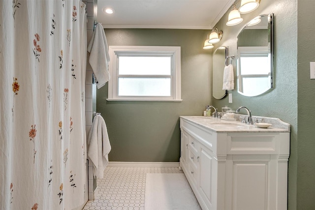 4016 El Campo Ave, Fort Worth, TX 76107 - full bathroom featuring baseboards, double vanity, crown molding, and a shower with shower curtain