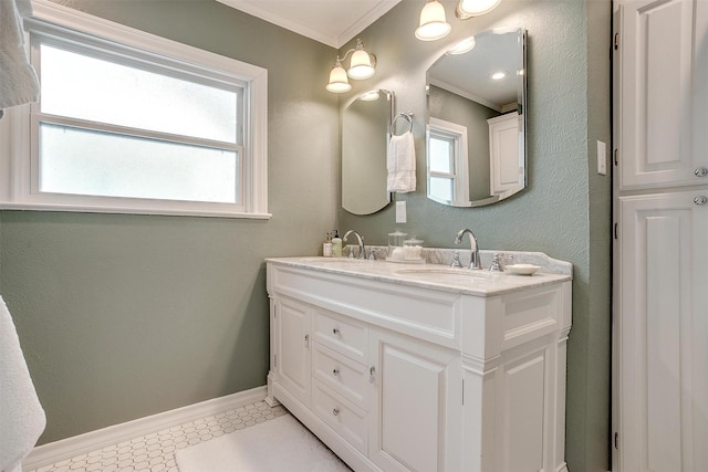 4016 El Campo Ave, Fort Worth, TX 76107 - bathroom with crown molding, double vanity, and baseboards
