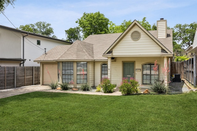 8803 Daytonia Ave, Dallas, TX 75218 - view of front of home with driveway, a chimney, a garage, central AC, and roof with shingles