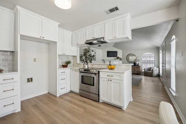 8803 Daytonia Ave, Dallas, TX 75218 - kitchen featuring stainless steel electric range oven, open floor plan, a peninsula, under cabinet range hood, and light countertops