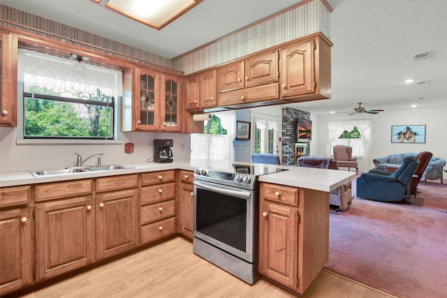 67 Melrose Cir, Denison, TX 75020 - kitchen featuring stainless steel electric range oven, a sink, a peninsula, light countertops, and light wood-style flooring
