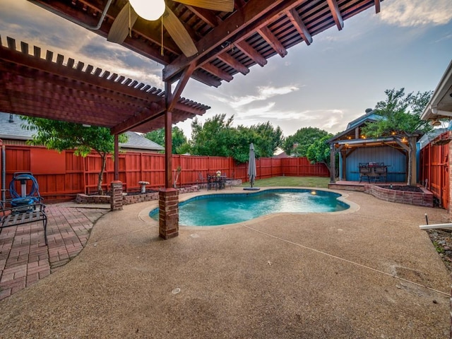 view of pool featuring a pergola, a patio, and a fenced backyard