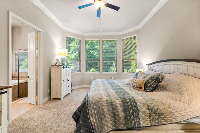 1417 Shenandoah Dr, Mckinney, TX 75071 - bedroom featuring multiple windows, crown molding, light colored carpet, and a ceiling fan