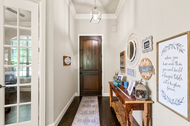 1417 Shenandoah Dr, Mckinney, TX 75071 - doorway featuring dark wood-style flooring, crown molding, and a high ceiling