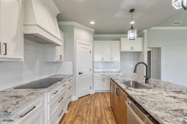6718 Windmill Grass Ln, Abilene, TX 79606 - kitchen featuring custom exhaust hood, a sink, stainless steel dishwasher, black electric stovetop, and ornamental molding
