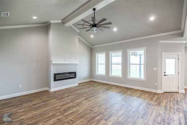 6718 Windmill Grass Ln, Abilene, TX 79606 - unfurnished living room with wood finished floors, a ceiling fan, a glass covered fireplace, baseboards, and ornamental molding