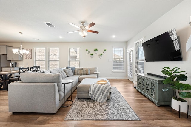 14320 Padden Park Ln, Fort Worth, TX 76262 - living area featuring plenty of natural light, ceiling fan, wood finished floors, a chandelier, and recessed lighting