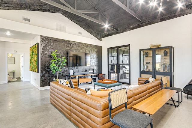 1841 Rs County Road 1402, Point, TX 75472 - living area featuring concrete floors, baseboards, and high vaulted ceiling