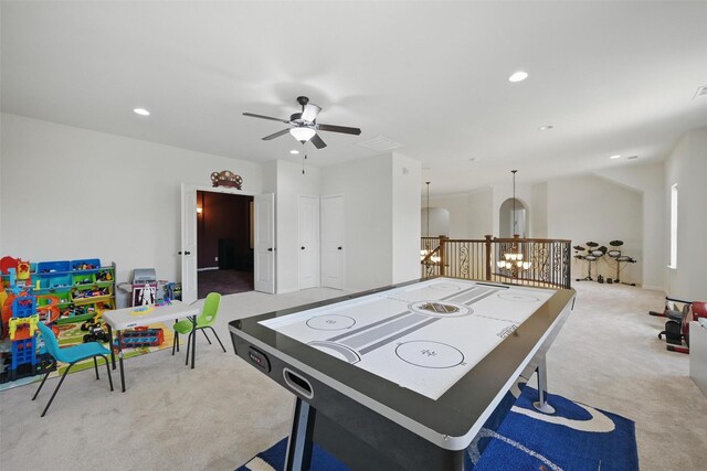 3604 Mendocino Trl, Mckinney, TX 75070 - game room featuring light carpet, a ceiling fan, and recessed lighting