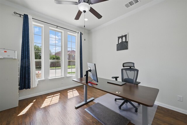 3604 Mendocino Trl, Mckinney, TX 75070 - office with crown molding, baseboards, a ceiling fan, and wood finished floors