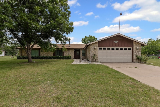 4611 Francis Ct, Granbury, TX 76049 - view of front facade with stone siding, an attached garage, board and batten siding, driveway, and a front yard