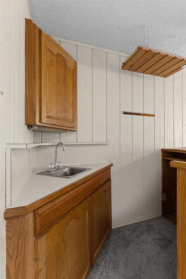 4611 Francis Ct, Granbury, TX 76049 - kitchen with a sink, carpet, light countertops, brown cabinets, and a textured ceiling
