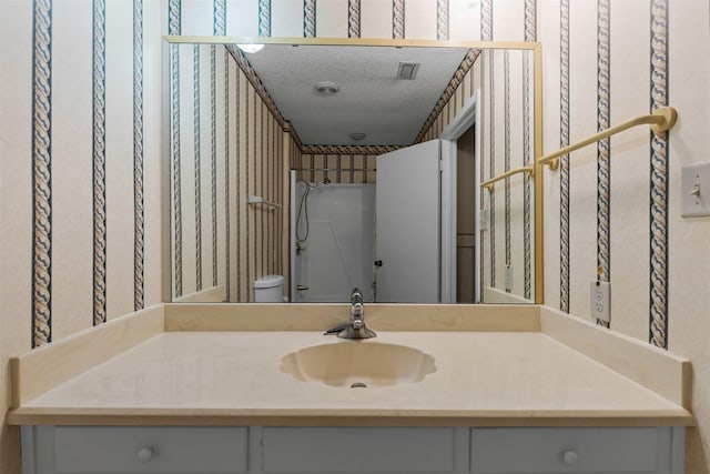 4611 Francis Ct, Granbury, TX 76049 - bathroom featuring wallpapered walls, vanity, and a textured ceiling