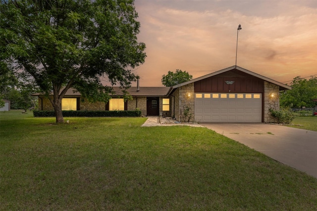 4611 Francis Ct, Granbury, TX 76049 - mid-century home featuring stone siding, board and batten siding, a front yard, and concrete driveway