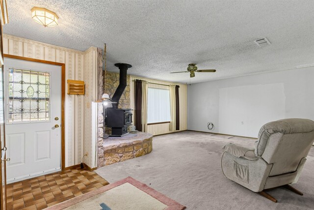 4611 Francis Ct, Granbury, TX 76049 - foyer with a wood stove, ceiling fan, a textured ceiling, and baseboards