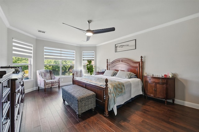 14766 Daneway Dr, Frisco, TX 75035 - bedroom featuring dark wood-style flooring, multiple windows, ornamental molding, baseboards, and ceiling fan