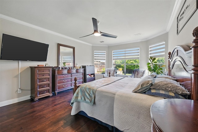 14766 Daneway Dr, Frisco, TX 75035 - bedroom with dark wood finished floors, crown molding, baseboards, and ceiling fan