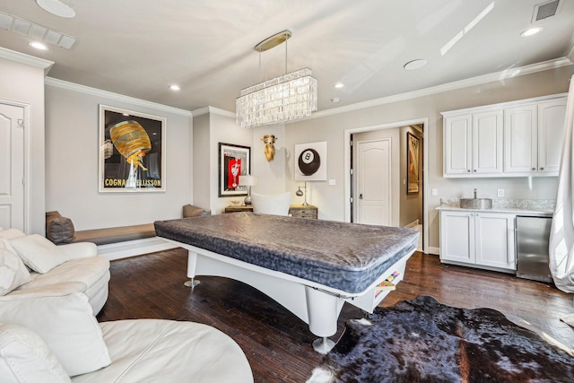 7012 Mills Branch Cir, Plano, TX 75024 - game room featuring billiards table, crown molding, dark wood finished floors, baseboards, and recessed lighting