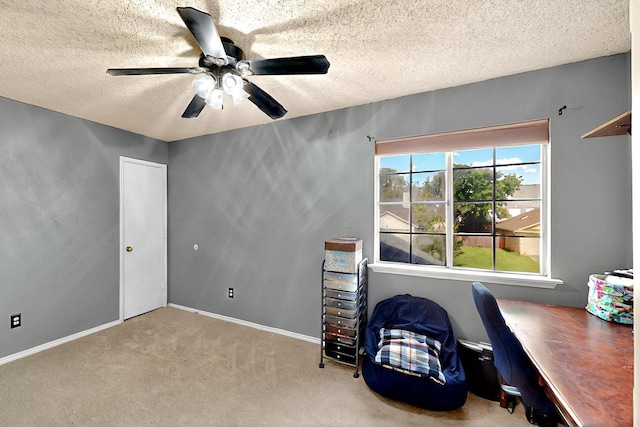 4821 Abbott Ave, Arlington, TX 76018 - office area featuring a ceiling fan, carpet floors, a textured ceiling, and baseboards