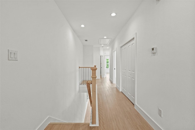 2522 Jeffries St, Dallas, TX 75215 - corridor with an upstairs landing, attic access, light wood finished floors, recessed lighting, and baseboards