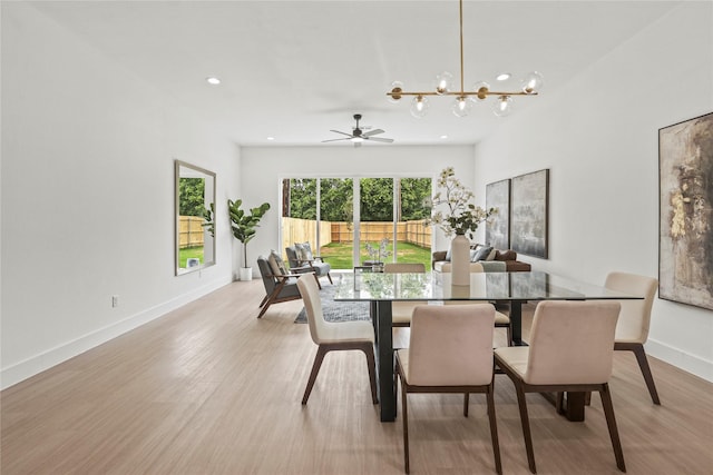 2522 Jeffries St, Dallas, TX 75215 - dining area with light wood-style flooring, baseboards, recessed lighting, a chandelier, and a ceiling fan