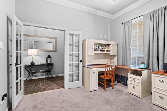 726 County Road 3355, Paradise, TX 76073 - office with french doors, ornamental molding, light colored carpet, and baseboards