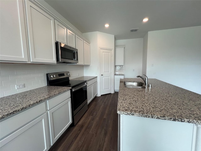 409 Petty Way, Fate, TX 75189 - kitchen featuring appliances with stainless steel finishes, a sink, dark wood-style flooring, stone counters, and backsplash
