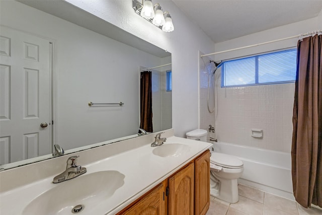 1729 Sheffield Dr, Garland, TX 75040 - full bathroom with toilet, tile patterned floors, shower / bathtub combination with curtain, and double vanity