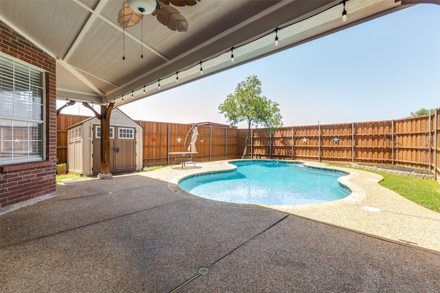 1729 Sheffield Dr, Garland, TX 75040 - view of pool featuring a storage shed, a fenced backyard, a patio, and ceiling fan