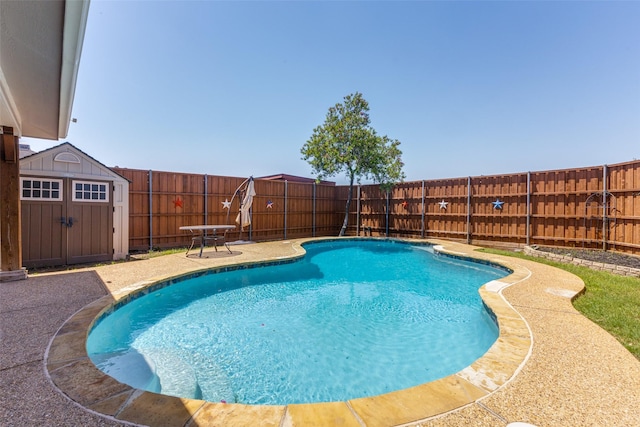 1729 Sheffield Dr, Garland, TX 75040 - view of swimming pool featuring a shed, a fenced backyard, an outbuilding, and a patio area