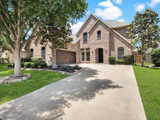 214 Crestbrook Dr, Rockwall, TX 75087 - french country home featuring brick siding, concrete driveway, a front lawn, and a garage