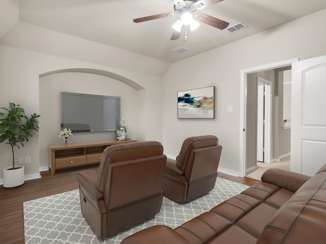 214 Crestbrook Dr, Rockwall, TX 75087 - living room featuring a ceiling fan, wood finished floors, baseboards, and lofted ceiling