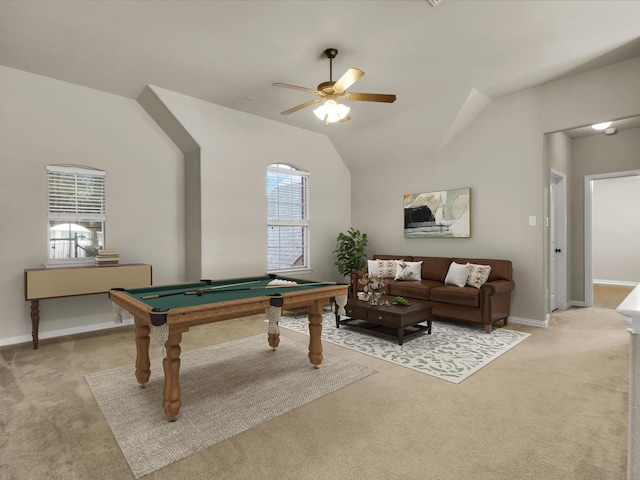 214 Crestbrook Dr, Rockwall, TX 75087 - playroom featuring light colored carpet, billiards, a ceiling fan, baseboards, and lofted ceiling