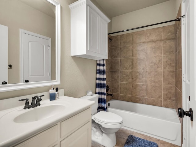 214 Crestbrook Dr, Rockwall, TX 75087 - bathroom with shower / bathtub combination with curtain, toilet, vanity, and tile patterned floors