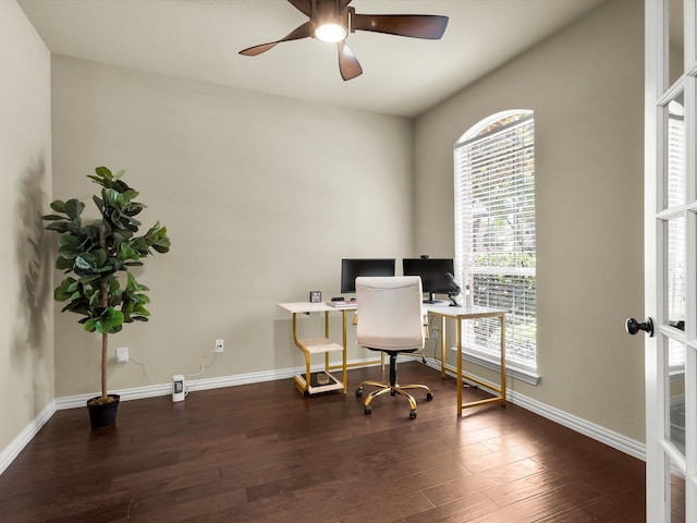 214 Crestbrook Dr, Rockwall, TX 75087 - office featuring wood finished floors, baseboards, and ceiling fan