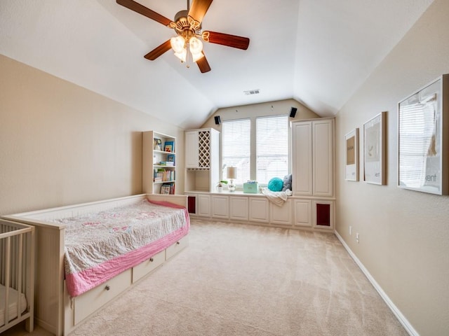 5040 Loma Alta Dr, Frisco, TX 75034 - bedroom featuring vaulted ceiling, light colored carpet, and a ceiling fan