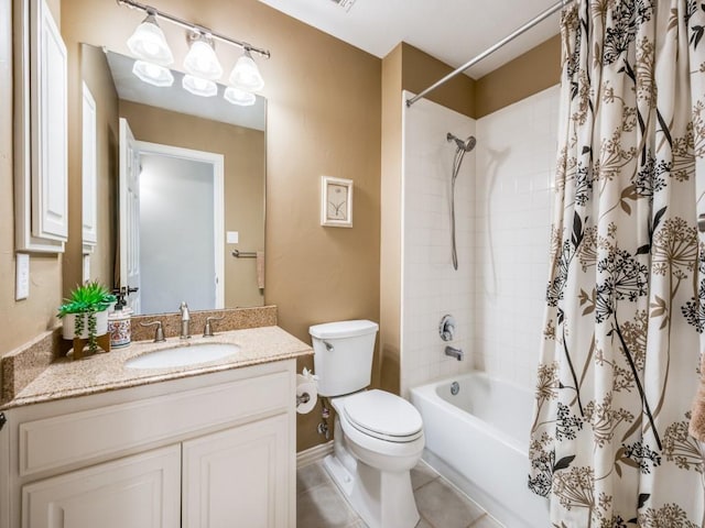 5040 Loma Alta Dr, Frisco, TX 75034 - bathroom with toilet, vanity, shower / bath combo with shower curtain, tile patterned floors, and baseboards