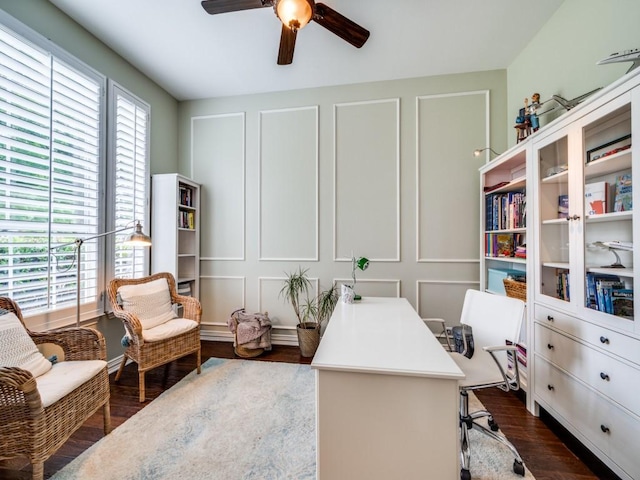 5040 Loma Alta Dr, Frisco, TX 75034 - office with a decorative wall, a ceiling fan, and dark wood-type flooring