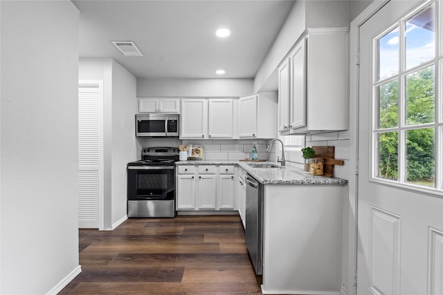 kitchen featuring appliances with stainless steel finishes, a sink, white cabinets, plenty of natural light, and recessed lighting