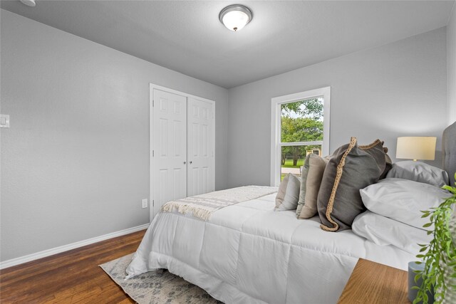 bedroom featuring dark wood-style flooring, baseboards, and a closet