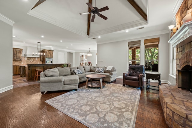 113 Welford Ln, Southlake, TX 76092 - living room featuring a chandelier, ceiling fan, recessed lighting, ornamental molding, and a stone fireplace