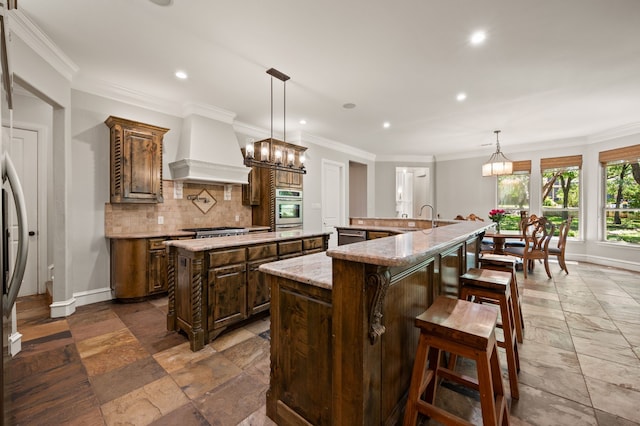 113 Welford Ln, Southlake, TX 76092 - kitchen with premium range hood, a spacious island, stone tile floors, backsplash, and recessed lighting