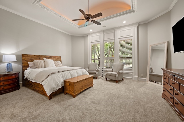 113 Welford Ln, Southlake, TX 76092 - carpeted bedroom with recessed lighting, crown molding, a tray ceiling, and a ceiling fan