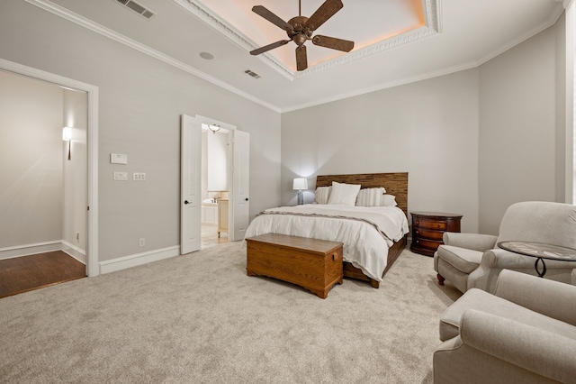 113 Welford Ln, Southlake, TX 76092 - bedroom with carpet floors, crown molding, a raised ceiling, ensuite bathroom, and ceiling fan
