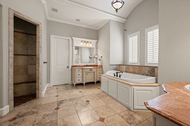 113 Welford Ln, Southlake, TX 76092 - full bathroom with vanity, a bath, a tile shower, crown molding, and vaulted ceiling