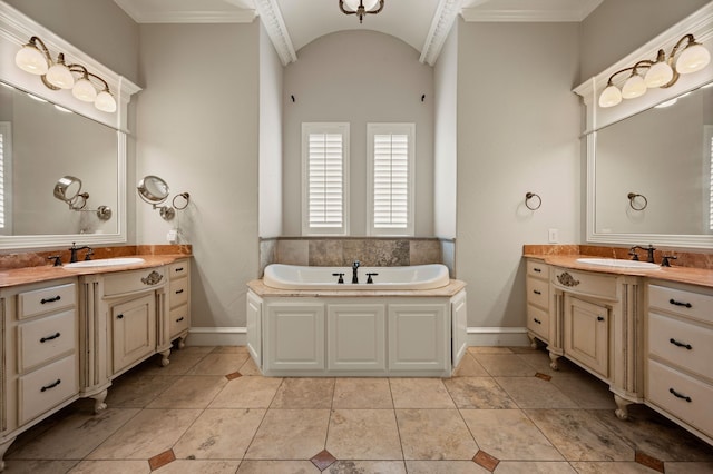 113 Welford Ln, Southlake, TX 76092 - full bath with baseboards, a bath, two vanities, and vaulted ceiling