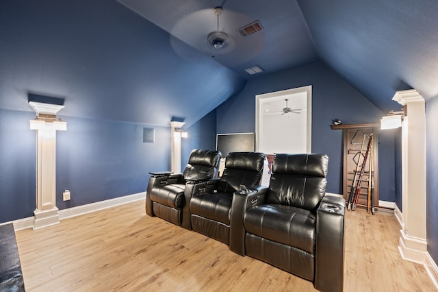 113 Welford Ln, Southlake, TX 76092 - home theater room with ornate columns, ceiling fan, wood finished floors, and lofted ceiling