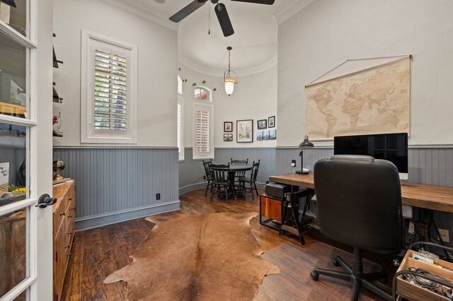 113 Welford Ln, Southlake, TX 76092 - office area featuring crown molding, a ceiling fan, a wainscoted wall, and wood finished floors