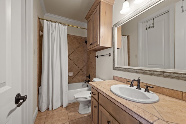 113 Welford Ln, Southlake, TX 76092 - bathroom featuring vanity, toilet, shower / bath combo with shower curtain, tile patterned floors, and crown molding