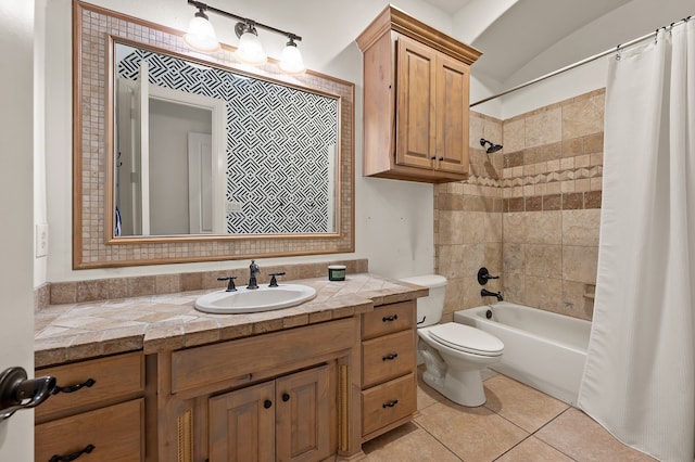 113 Welford Ln, Southlake, TX 76092 - bathroom featuring vanity, toilet, shower / tub combo, and tile patterned flooring